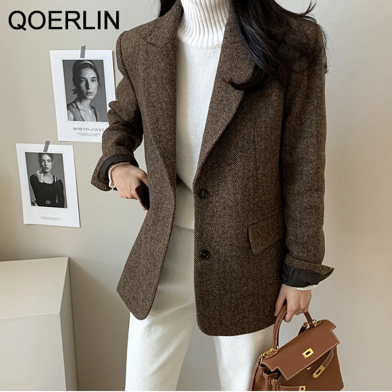 Top Trends: QOERLIN 10% Wool Blazer Coat Autumn Winter Women Elegant Single-Breasted Pocket Office Wear Notched Collar Thick Blazer Coat Shoppable Styles