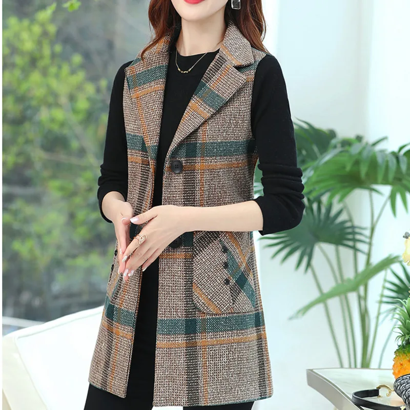 Top Trends: #0718 Vintage Sleeveless Blazer Women Single Breasted Slim Middle Age Women&#039;s Vest Waistcoat Plaid Vest Coat Femme Spring Autumn Shoppable Styles