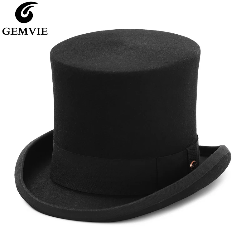 Top Trends: GEMVIE 17cm 100% Wool Felt Top Hat For Men Women Cylinder High Hat Topper Mad Hatter Party Costume Fedora Magician Theater Hat Shoppable Styles