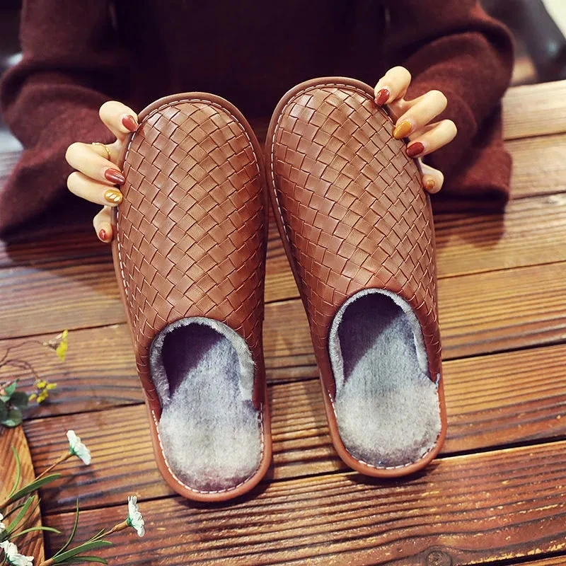 Top Trends: Brand Plaid Leather Handmade Men House Slippers Winter Slip On Soft Comfort Black Brown Bedroom Indoor Flat Men Shoes 2022 Shoppable Styles - Image 5