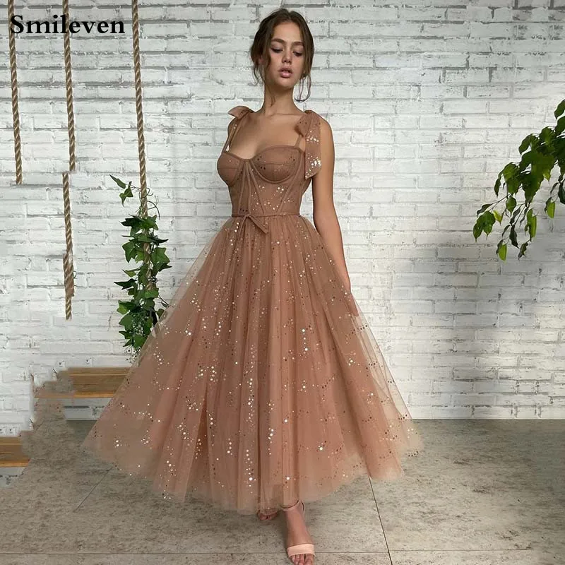 Top Trends: Smileven Shiny Champagne Simple Sweetheart Midi Prom Dresses Spaghetti Straps Tea-Length A-Line Prom GownsGraduation Dresses Shoppable Styles