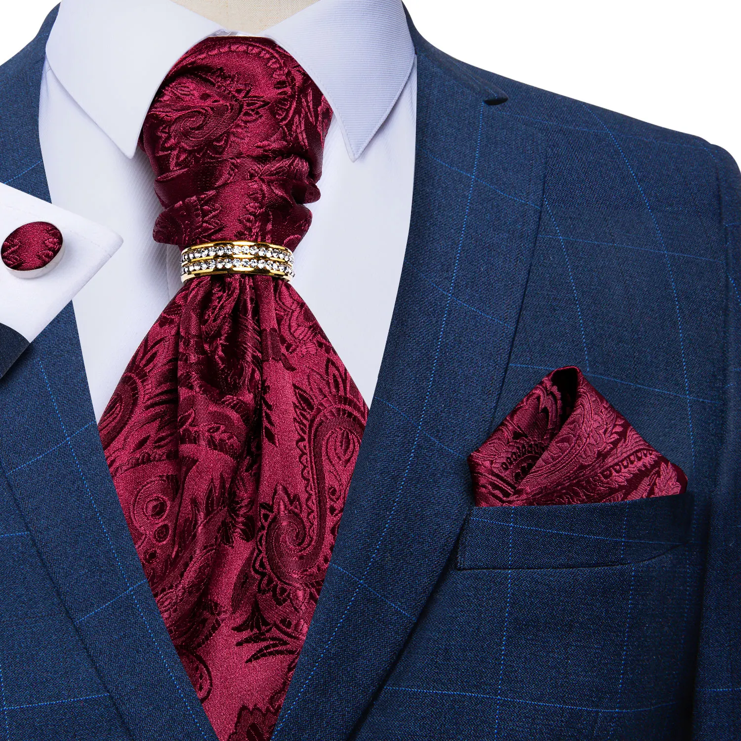 Top Trends: Burgundy Red Paisley Men Vintage Ascot Tie Wedding Formal Cravat Ascot Luxury Necktie Hanky Cufflinks Ring Set For Party DiBanGu Shoppable Styles