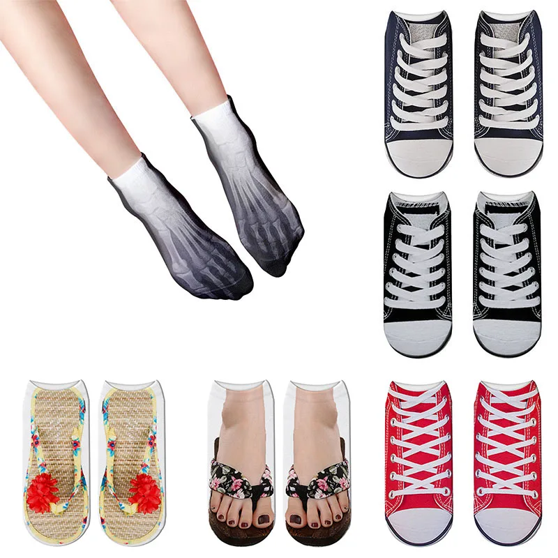 Top Trends: Fashion Canvas Shoes Cotton Socks 3D Printed Skeleton Summer Socks Funny Kawaii Skull Foot Low Cut Ankle Socks For Women Sox Shoppable Styles