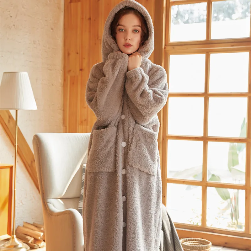 Top Trends: Coral Velvet Bathrobe Women Court Thickening Warm Hooded Robe Ladies Casual Button Flannel Kimono Bath Robes Dressing Gowns Shoppable Styles