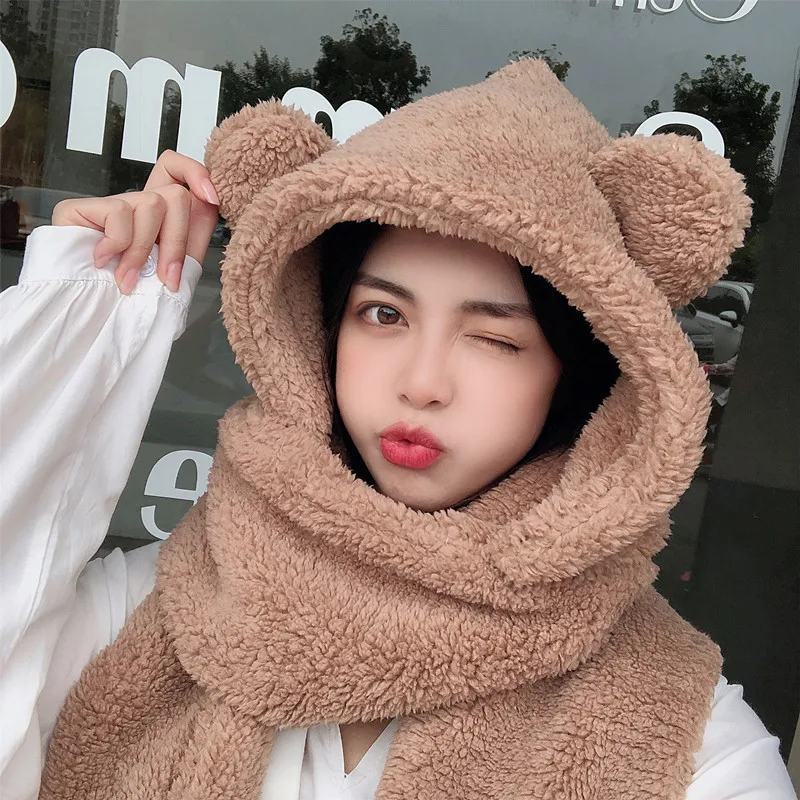 Top Trends: New Fashion Beanies Caps Winter Woman Scarf Cute Bear Ear Hat Girls Warm Head Hood Plush Hat Scarf Set Casual Women Bonnet Caps Shoppable Styles