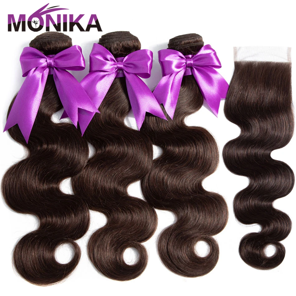 Top Trends: Monika #2 #4 Brown Pure Colored Bundles With Closure Malaysian Hair Body Wave Human Hair Bundles Weave With Closure Non-Remy Shoppable Styles