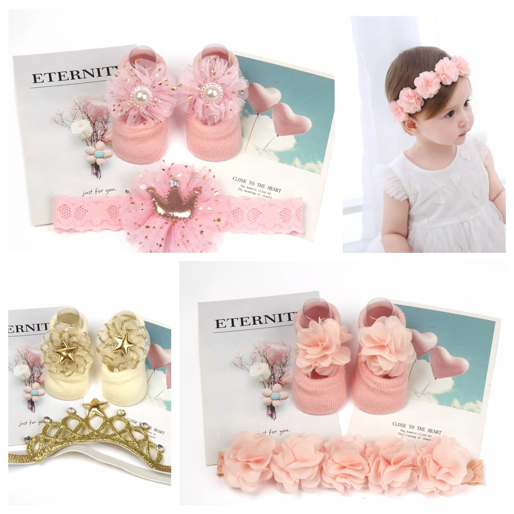 Top Trends: Baby Headband Socks Set Crown Bows Newborn Hairband Headbands Turban Baby Hair Accessories Birthday Socks 0-1 Years 2Pcs / Set Shoppable Styles