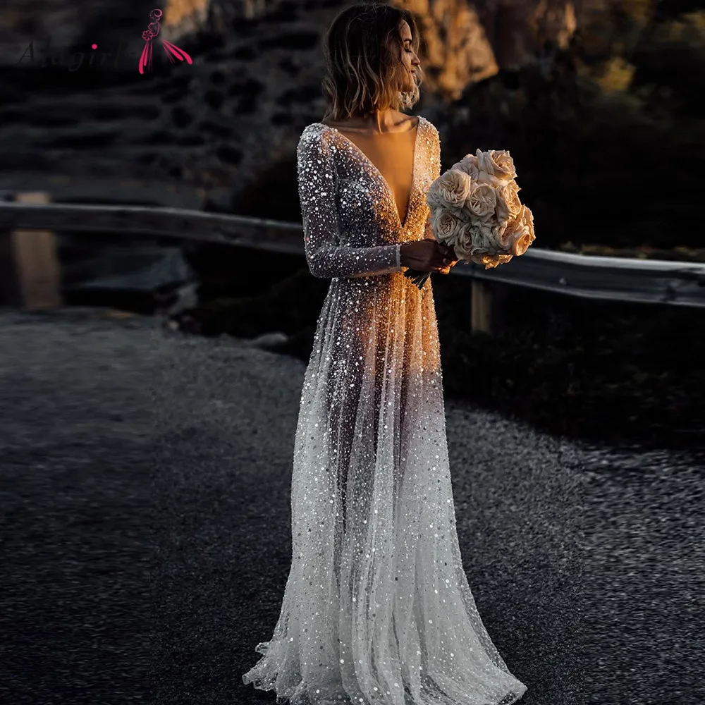 Top Trends: Sexy Illusion Boho Wedding Dress A-Line V-Neck Sleeves Wedding Dresses Backless Beach Bridal Gowns Sequined Beading Beach 2023 Shoppable Styles