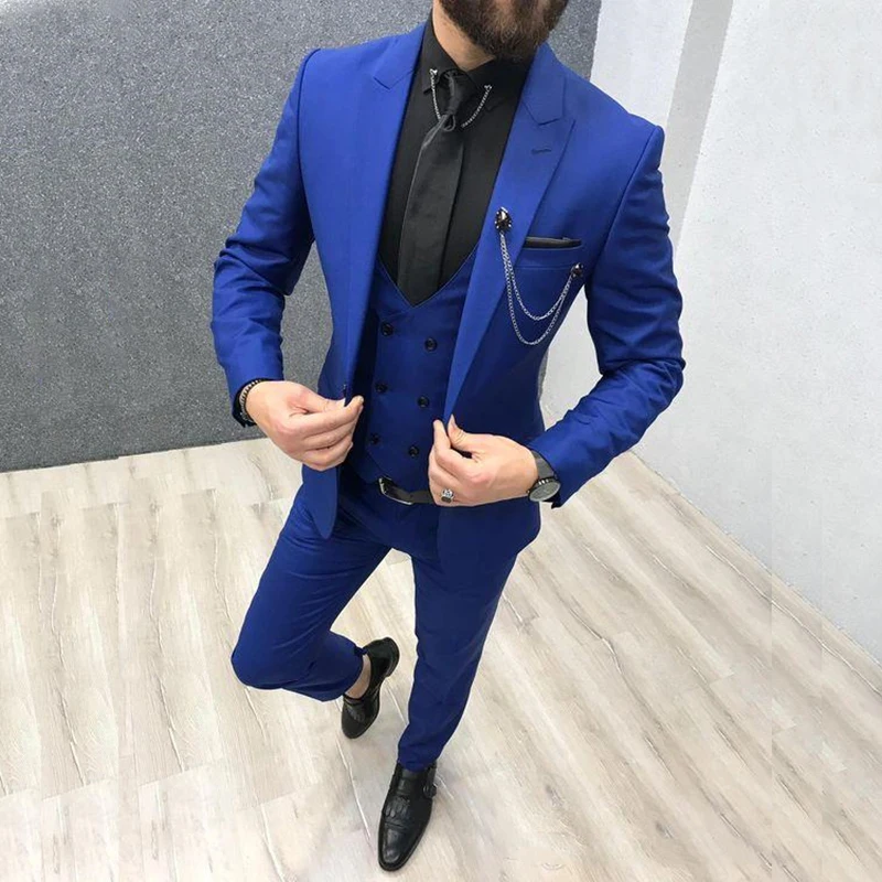 Top Trends: 2022 Three Piece Royal Blue Men Suits Peaked Lapel Custom Made Wedding Tuxedos Slim Fit Male Suits (Jacket + Pants + Vest+ Tie) Shoppable Styles