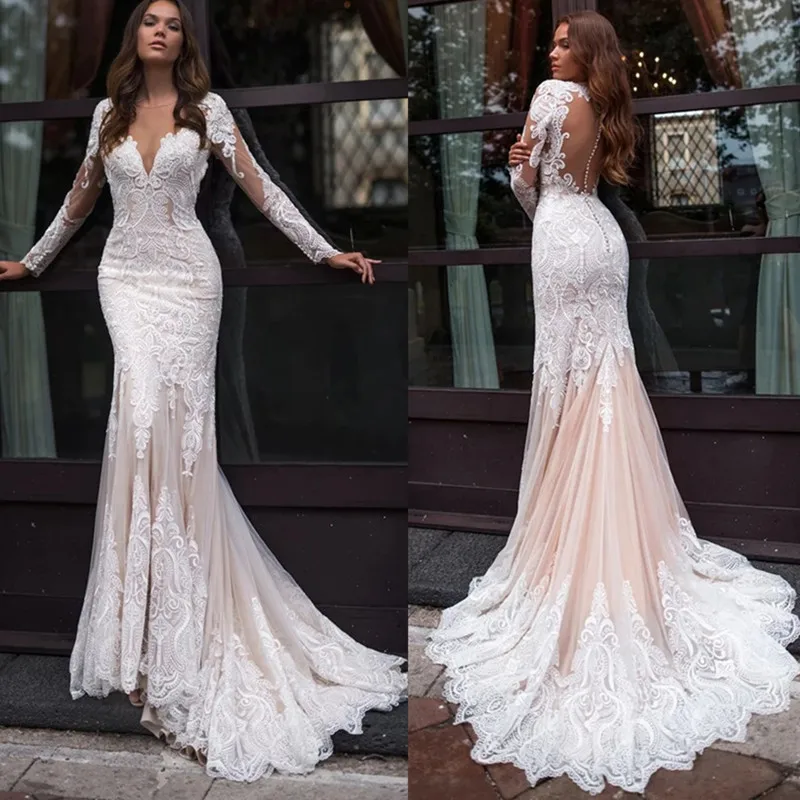 Top Trends: Luxury Mermaid Long Sleeve Lace Wedding Dresses 2024 O-Neck Tulle Bridal Gown Button Sexy Illusion Back Vestidos De Noiva Shoppable Styles