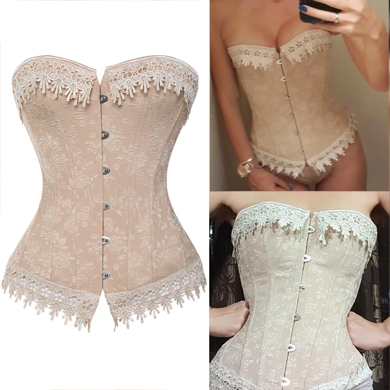 Top Trends: Lace Up Corsets Bustiers Overbust Waist Trainer Embroidery Sexy Boned White Beige Corset Burlesque Costumes Corselet Halloween Shoppable Styles