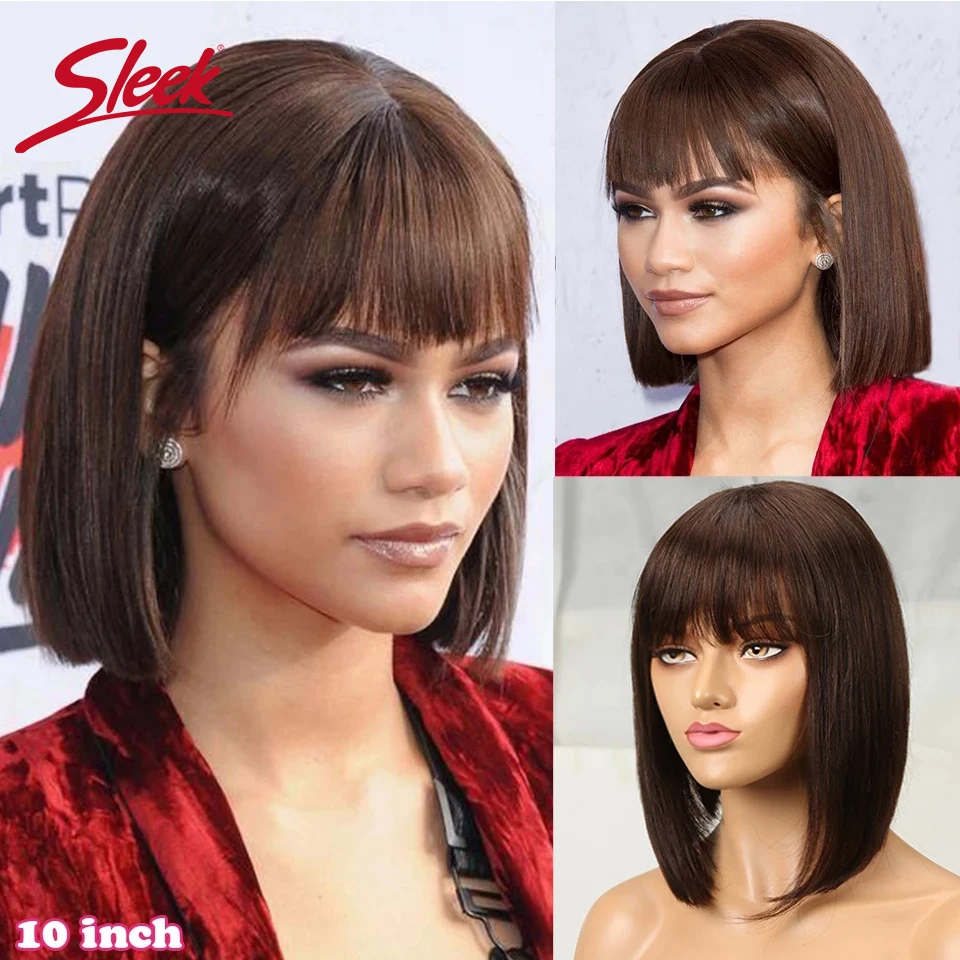 Top Trends: Sleek Short Bob Wigs With Bang Brazilian Straight Hair Wigs For Women Brown P4 / 30 # Glueless Machine Made Cheap Human Hair Wigs Shoppable Styles