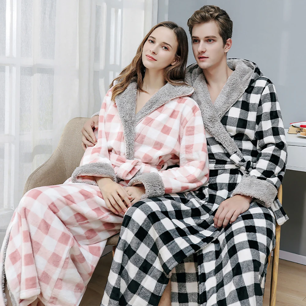 Top Trends: Couples Thick Warm Bathrobe Men Autumn Winter Plaid Patchwork Man Dressing Gown Flannel Hooded Mens Long Bath Robe Nightgown Shoppable Styles