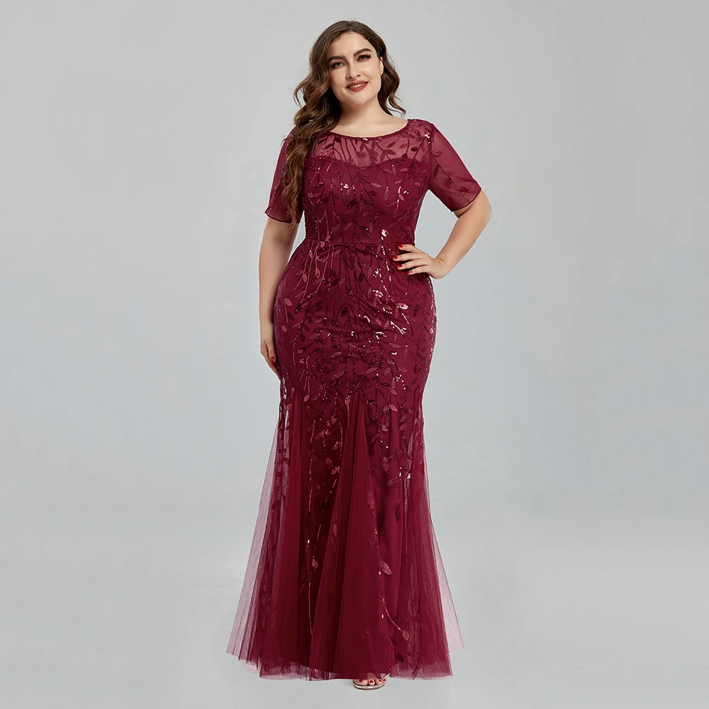 Top Trends: Women Plus Size Sequin Mesh Embroidery Mermaid Evening Dress Formal Short Sleeve Elegant Party Prom Gowns 2020 New Long Dress Shoppable Styles