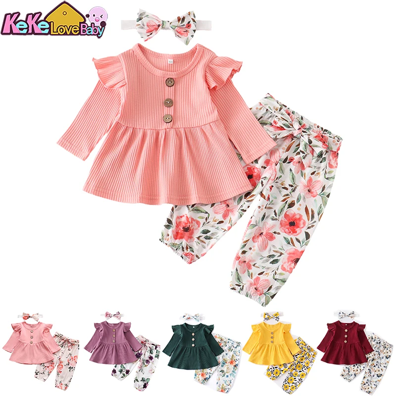 Top Trends: Newborn Baby Girl Clothes Set Solid Knitting Long Sleeve Tops Floral Print Pants Headband 3Pcs Outfits Casual Infant Clothing Shoppable Styles