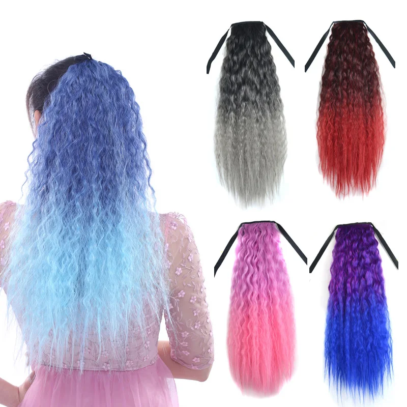 Top Trends: Jeedou Synthetic Kinky Curly Hair Ponytails Blue Pink Red Ombre Color Cosplay Ribbon Drawstring Ponytail Extensions Shoppable Styles