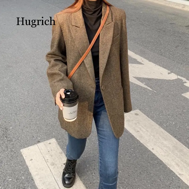 Top Trends: Fashion Autumn Women Stripe Woolen Blazers And Jackets Work Office Lady Suit Slim Double Breasted Business Female Blazer Coat Shoppable Styles