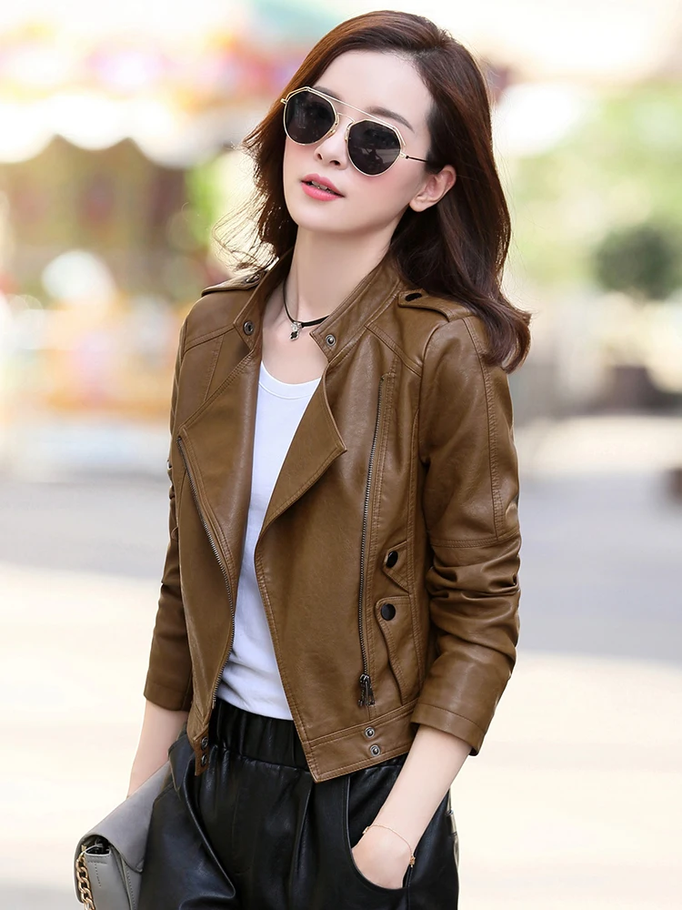 Top Trends: Leather Jacket Women Plus Size4XL Short Imitate Soft Sheepskin Coat 2020Spring Fall Korean Fashion Stand Collar Slim Biker Coats Shoppable Styles