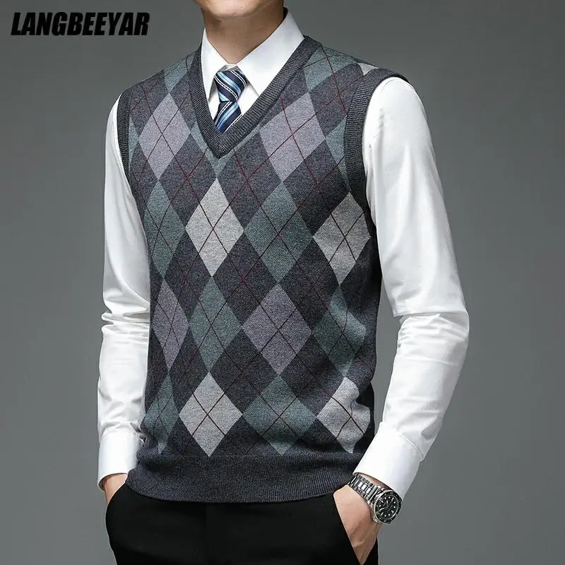 Top Trends: New Autum Fashion Designer Brand Argyle Pullover Diamond Sweater V Neck Knit Vest Men 6% Wool Sleeveless Casual Men Clothing Shoppable Styles