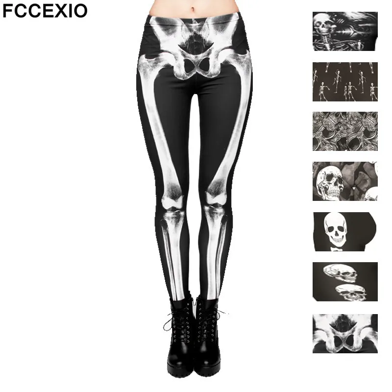 Top Trends: FCCEXIO New Brand 3D Printed Retro Bones Black Skeleton Sexy Women Casual Punk Rock Leggins High Waist Pants Fitness Leggings Shoppable Styles