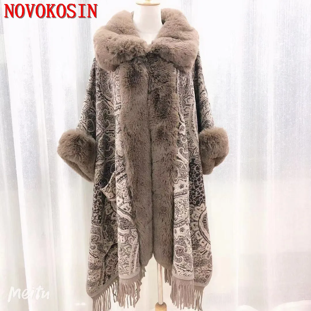 Top Trends: 2022 Winter Cloak Warm Women Plus Size Tassel Overcoat Faux Fox Fur Big Collar Cape Fashion Printed Poncho With Fur Sleeves Shoppable Styles