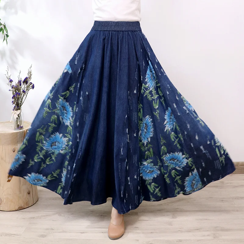 Top Trends: TIYIHAILEY 2023 Long Maxi A-line Skirt Women Elastic Waist Spring Autumn Denim Jeans Vintage Big Hem Skirt Print Shoppable Styles - Image 5