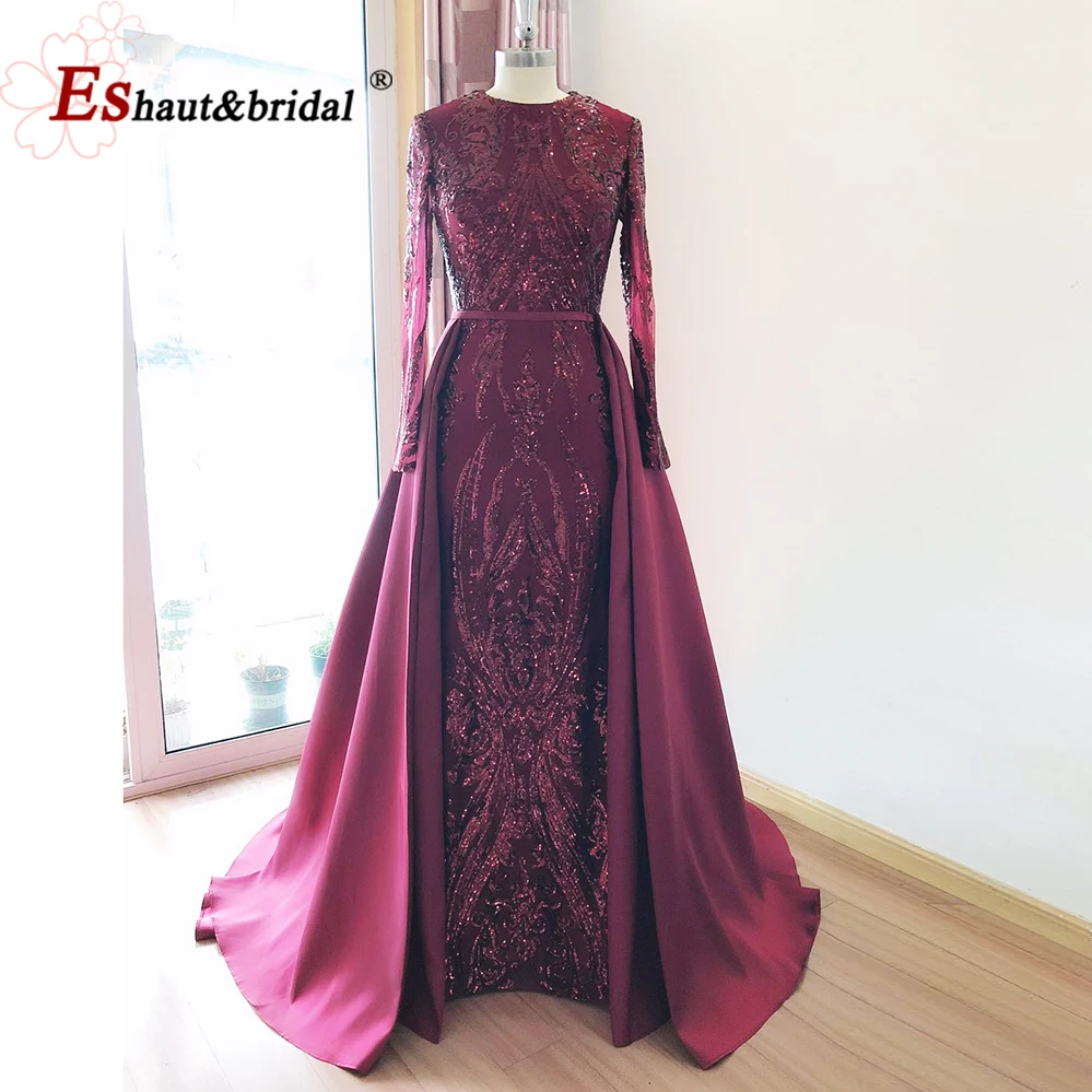 Top Trends: Elegant Wedding Evening Night Dress For Women 2023 Muslim Long Sleeves Mermaid With Detachable Train Sequined Prom Party Gowns Shoppable Styles