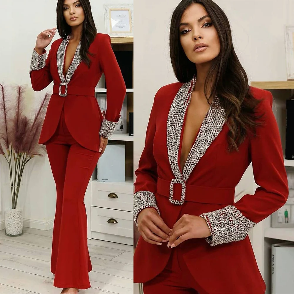 Top Trends: Unique Desinger Mother Of The Bride Pant Suits Red Crystal Evening Party Women Tuxedos For Wedding (Jacket+ Pants) Shoppable Styles