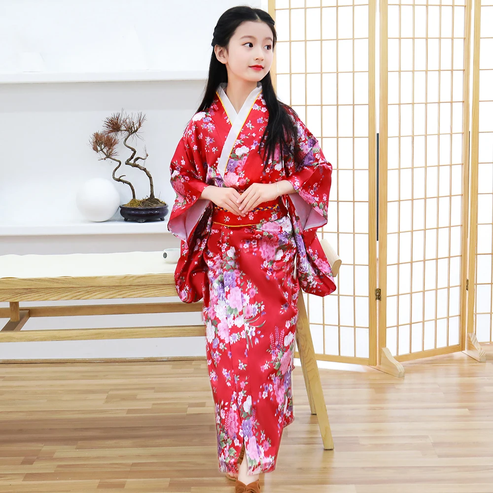 Top Trends: Children Girls Red Japanese Kimono Bathrobe Gown Print Flower Performance Clothing Yukata With Obitage Soft Cosplay Costume Shoppable Styles