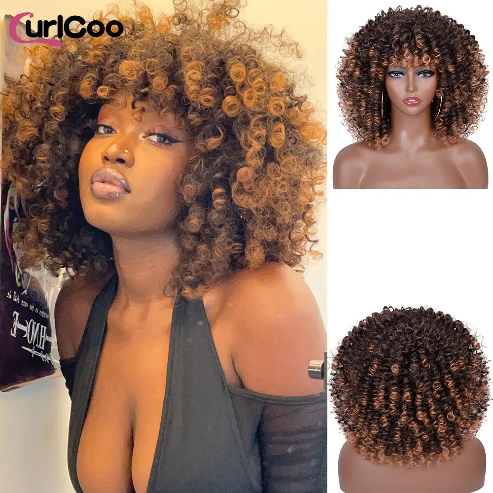 Top Trends: Short Afro Kinky Curly Wigs With Bangs For Black Women Synthetic Ombre Natural Heat Resistant Hair Brown Cosplay Highlight Wigs Shoppable Styles