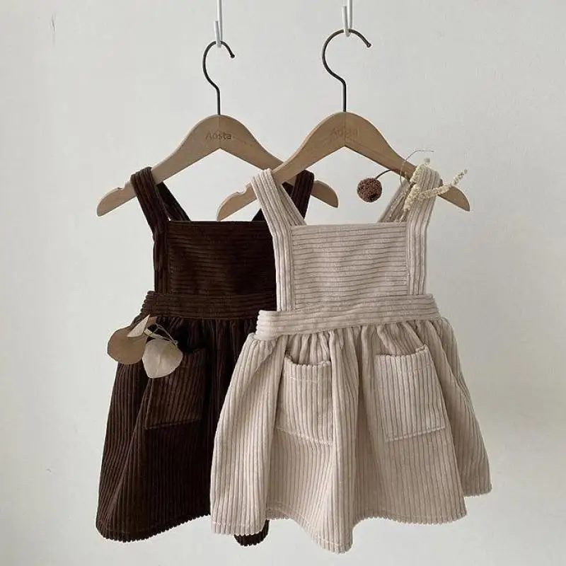 Top Trends: 2023 Autumn New Baby Girl Retro Corduroy Dress Fashion Kids Sleeveless Strap Dress Square Collar Princess Dress Children Dresses Shoppable Styles