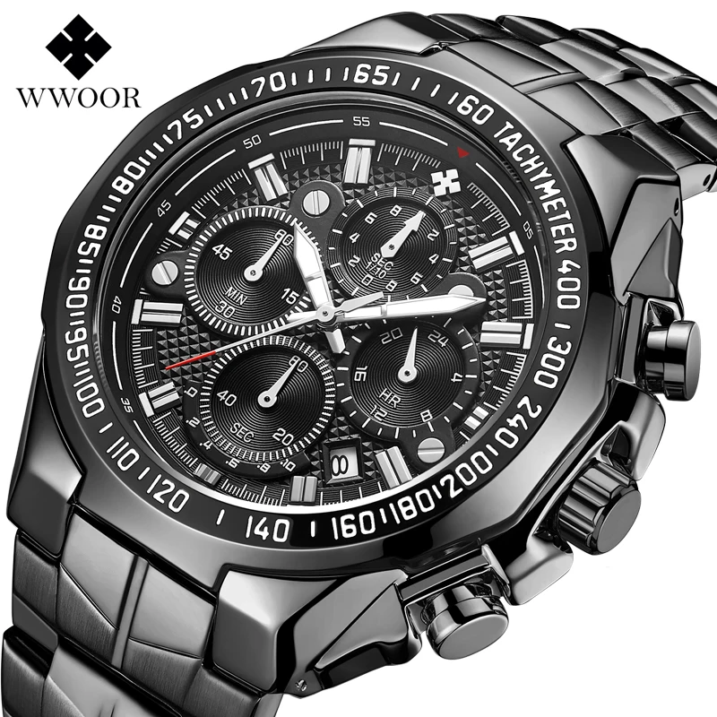 Top Trends: WWOOR Top Brand Luxury Sport Watch For Men Quartz Chronograph Date Luminous Black Full Steel Wrist Watch Male Clock Reloj Hombre Shoppable Styles