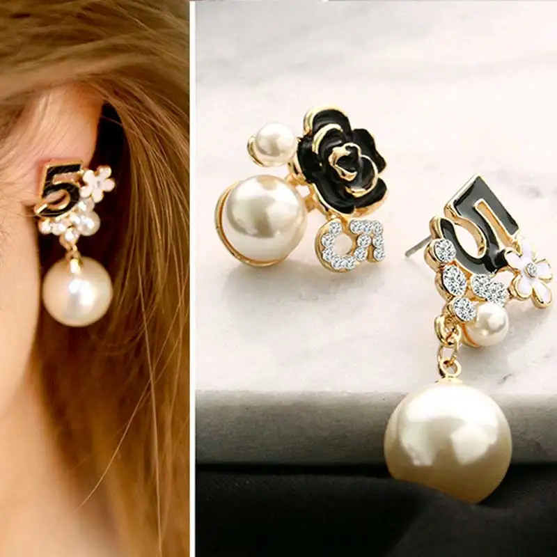 Top Trends: Number 5 Earrings Pearl Black And White Camellia Dangle Chain Famous Brand Designer Luxury Jewelry Earrings For Women Shoppable Styles