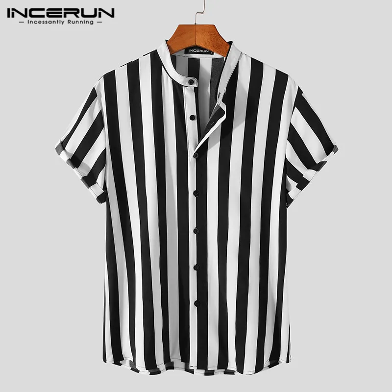 Top Trends: 2023 Men Striped Shirt Brand Stand Collar Streetwear Short Sleeve Button Casual Camisa Hombre Leisure Fashion Tops INCERUN S-5XL Shoppable Styles