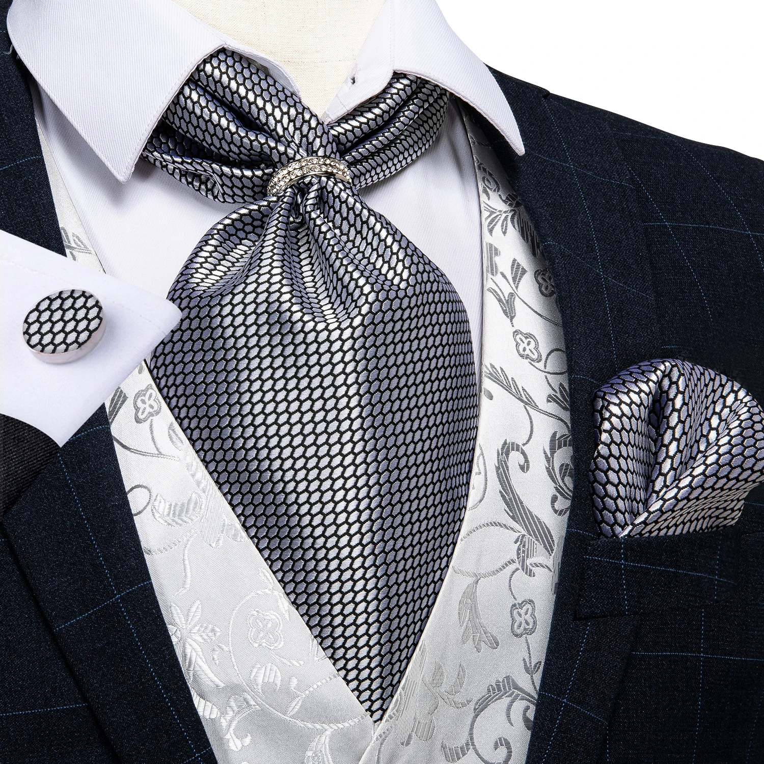 Top Trends: New Design Men Ascot Tie With Ring Silver Check Wedding Formal Cravat Silk Self British Style Neck Tie Handkerchief Set DiBanGu Shoppable Styles