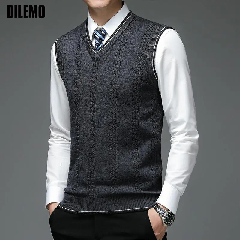 Top Trends: New Autum Fashion Brand Solid 6% Wool Pullover Sweater V Neck Knit Vest Men Trendy Sleeveless Casual Top Quality Men Clothing Shoppable Styles