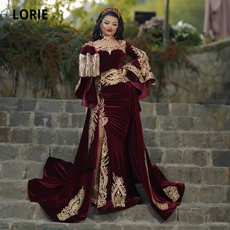 Top Trends: LORIE Moroccan Caftan Arabic Evening Dress With Detachable Train Appliques Gold Lace Long Sleeve Mermaid Velvet Prom Party Gowns Shoppable Styles