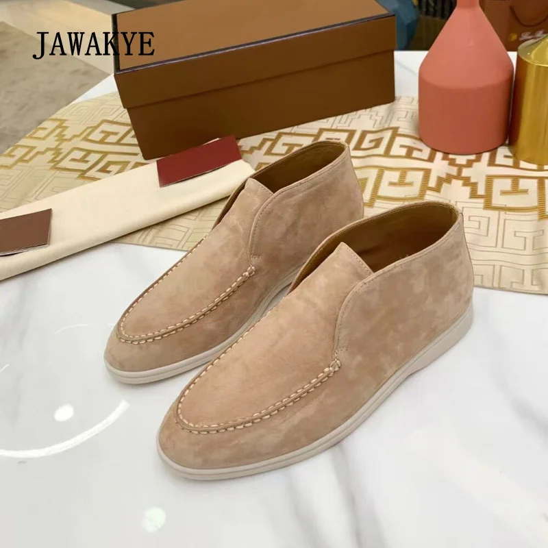 Top Trends: Comfort Suede Unisex High Top Loafers Round Toe White Rubber Sole Casual Flats Fashion One Pedal Couple Flat Mules Dress Shoes Shoppable Styles - Image 2