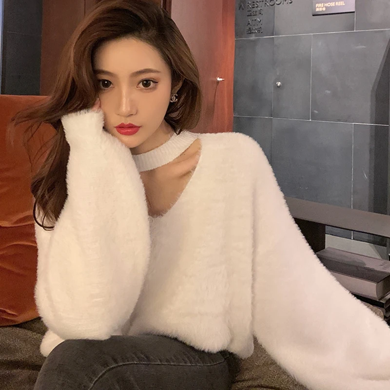 Top Trends: Halter V-Neck Loose Knitted Sweater Women Mink Cashmere Jumpers Oversized Elastic Casual Pullovers Lantern Sleeve Vintage X470 Shoppable Styles