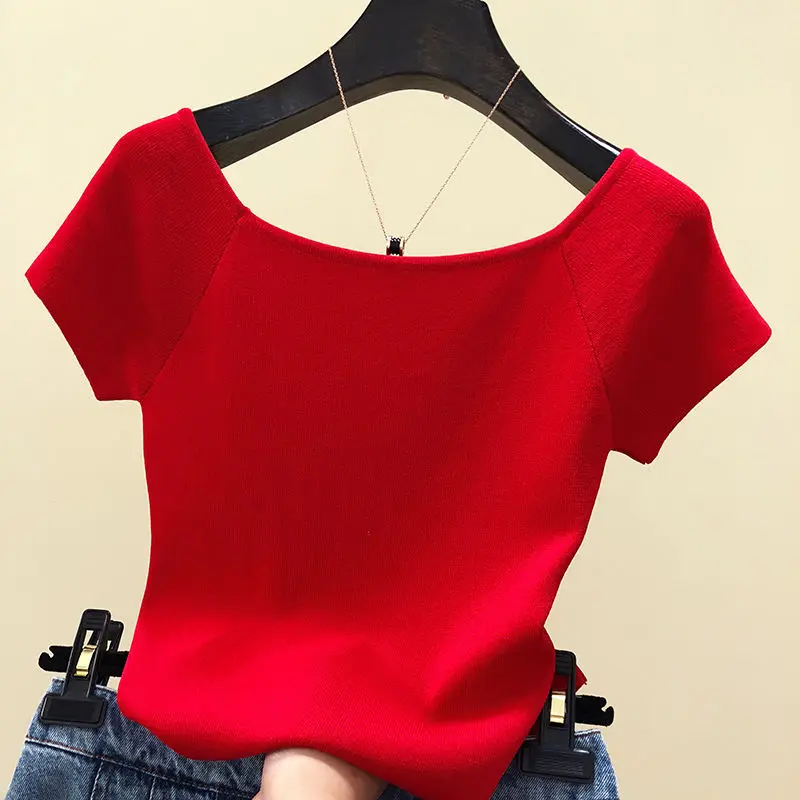 Top Trends: Knitted Korean Fashion T-Shirt Women Summer Tall Tops Slim Fit Short Sleeve Tee Clothes Off Shoulder Shoppable Styles