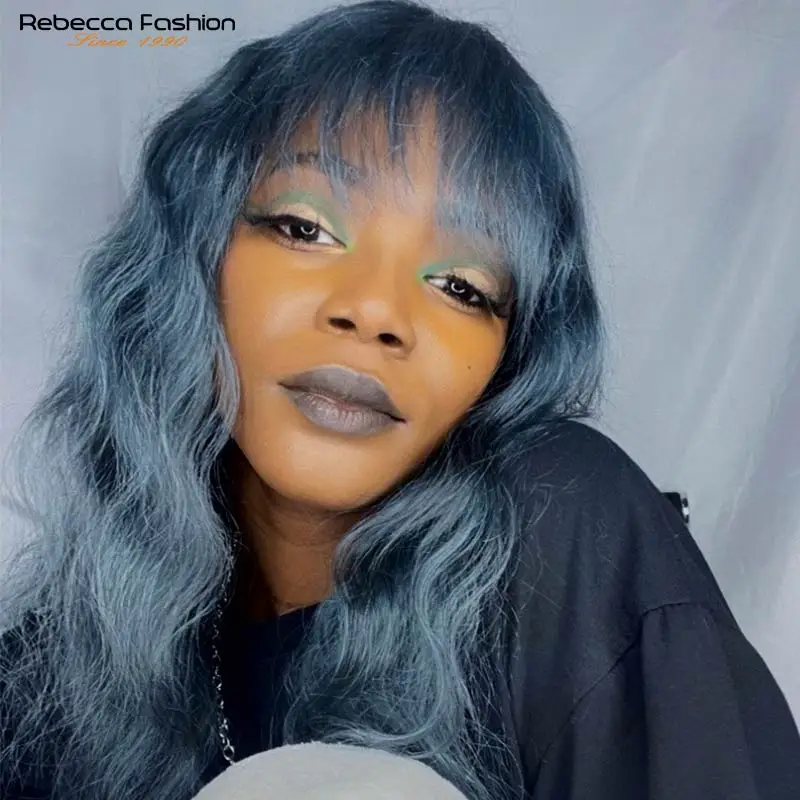 Top Trends: Rebecca Brazilian Human Hair Wig With Bangs Body Wave Full Machine Wigs Fashion Lady Long Hair Wigs For Women Gray Blue Color Shoppable Styles