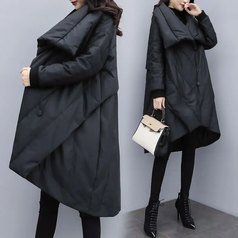 Top Trends: 2024 Winter New Women Loose Fashion Mid-length Down Padded Cotton Jacket Female Black Slimming Cloak Jacket Buttons Thickeing Shoppable Styles - Image 5