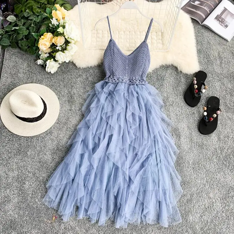 Top Trends: 2022 Summer Dresses Woman Vintage Robe Sleeveless Sling Gauze Lace Tulle Dress FashionWomen Long Mesh Pink Blue Evening Dress Shoppable Styles