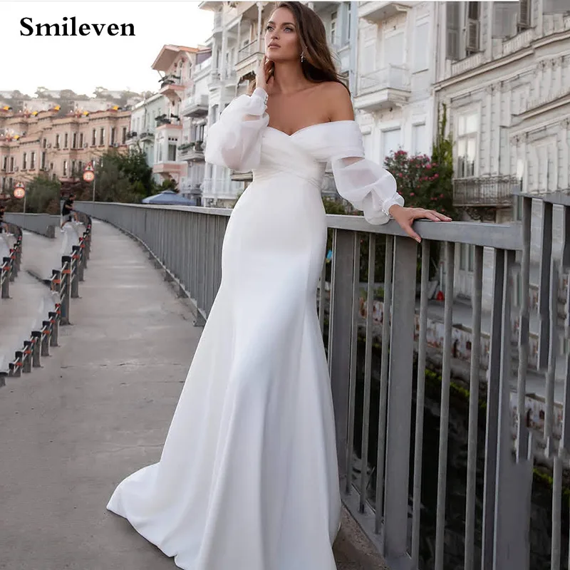 Top Trends: Smileven Satin Mermaid Wedding Dresses Long Fuff Sleeve Sexy Lace Beach Bride Dresses Off The Shoulder Boho Bridal Gowns Shoppable Styles