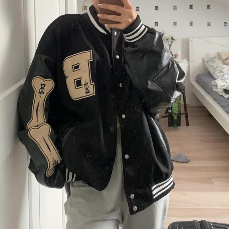 Top Trends: Varsity Baseball Bomber Jacket Women Hip Hop Harajuku Bone Letter Patchwork Leather Jackets Streetwear Men Unisex College Coats Shoppable Styles