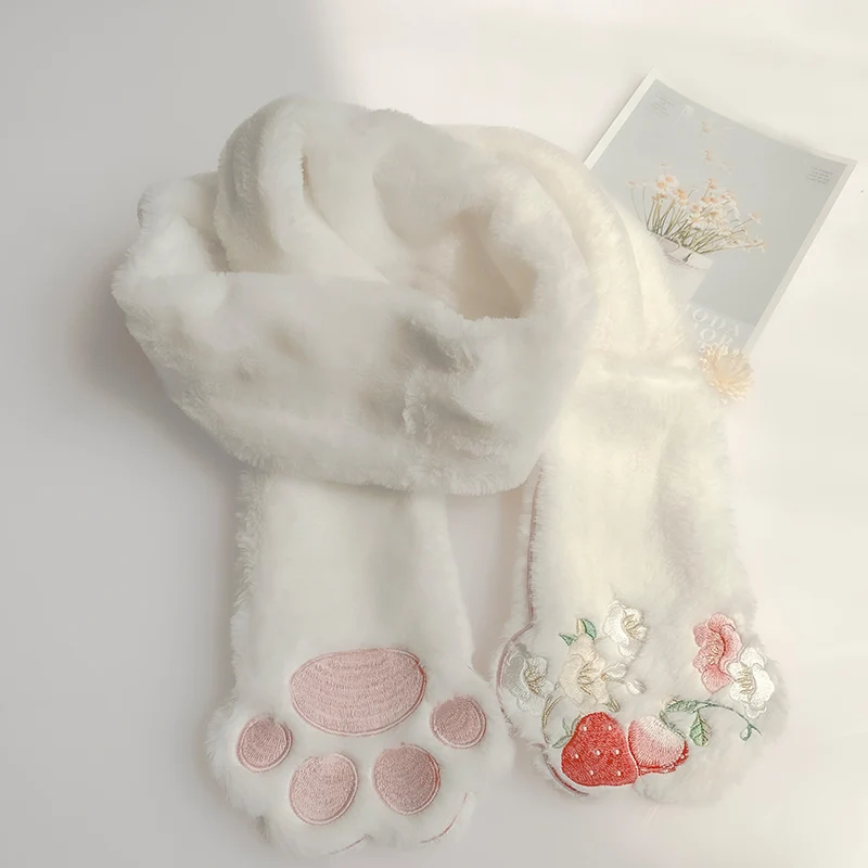 Top Trends: Winter Kawaii Scarf Gloves Set Women Plush Japanese Fashion Cute Cat Paw Embroidery Neck Warm Fuzzy Fluffy Girls Long Scarves Shoppable Styles