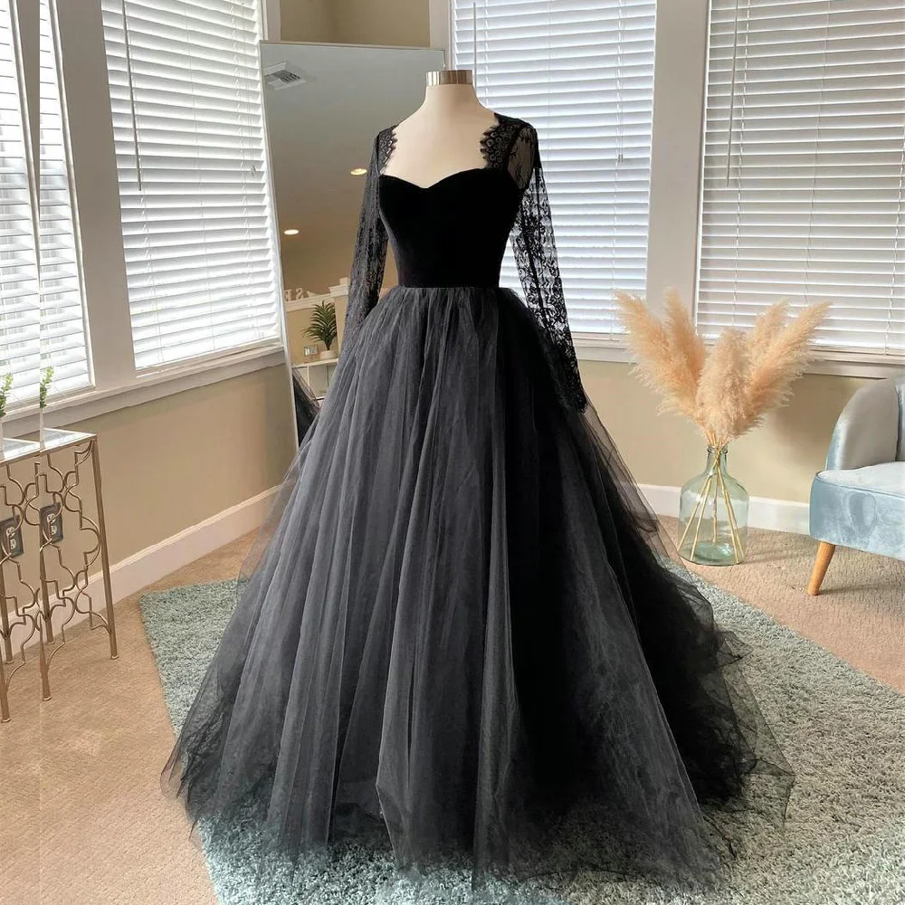 Top Trends: DREAM Gothic Long Sleeves Tulle Wedding Dress Lace Appliques Sweep Black Wedding Gown 2022 Sweetheart Tiered Bridal Dress Shoppable Styles