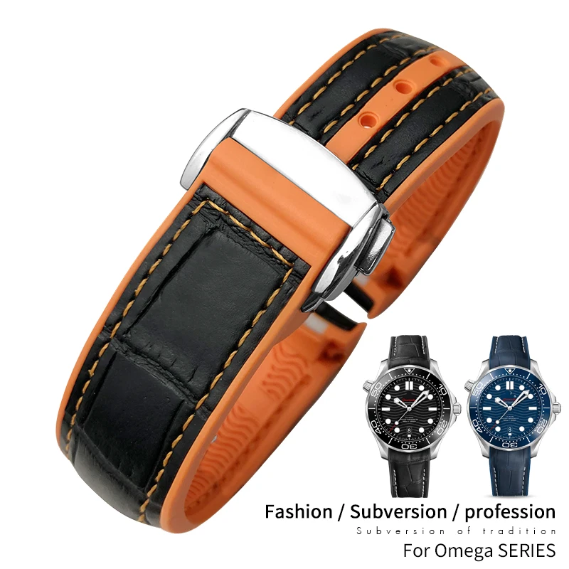 Top Trends: 20mm 22mm High Quality Leather Cowhide Rubber Watchband Fit For Omega Seamaster Planet Ocean 600 GMT Orange 19 / 21mm Watch Strap Shoppable Styles