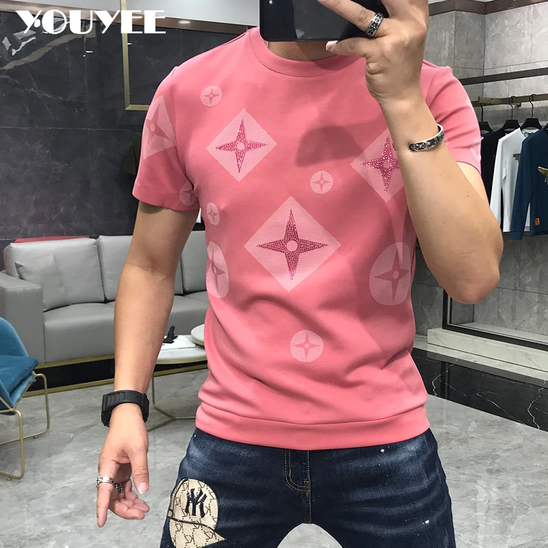 Top Trends: T-Shirt Men Rhinestone Pink Shirt Large Size 4XL New 2023 Summer Personalized Trend High Quality Short Sleeve Tees Male Top Shoppable Styles