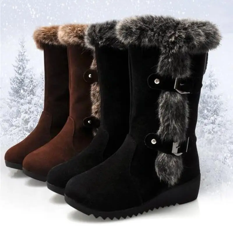 Top Trends: New Winter Women Boots Casual Warm Fur Mid-Calf Boots Shoes Women Slip-On Round Toe Wedges Snow Boots Shoes Muje Plus Size 42 Shoppable Styles